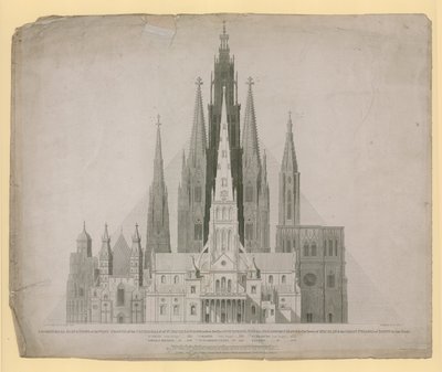 セントポールズ大聖堂の西部正面の幾何学的標高、ロンドン（火の前）...とエジプトの大ピラミッド 作： English School