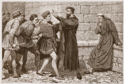 暗殺者を守るジョージ・ウィシャート、ジェームズ・エイトケン・ワイリー（1808-1890）の「プロテスタントの歴史」のイラスト、パブ。 1878年（彫刻） 作： English School