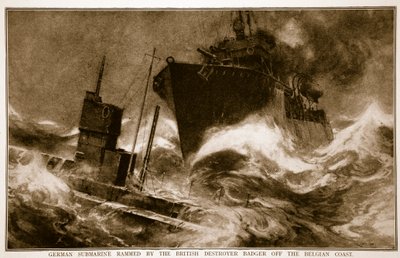 1914〜19年、ベルギー沿岸沖のイギリス駆逐艦バジャーに突撃されたドイツ潜水艦 作： English School