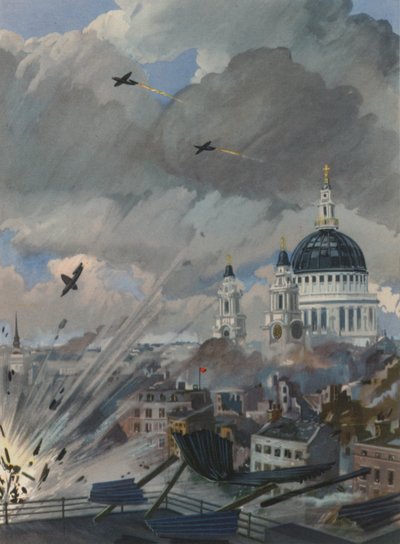 ロンドン上空を飛ぶドイツ軍のV-1爆弾（第二次世界大戦 作： English School