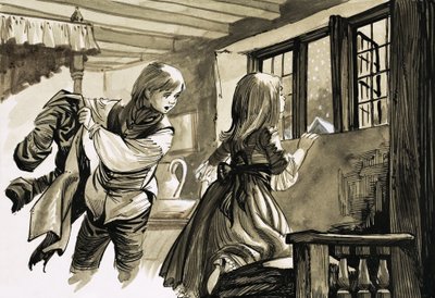 雪の中で外を見て女の子と男の子 作： English School