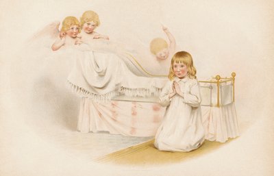 彼女のベッドで祈る少女 (chromolitho) 作： English School