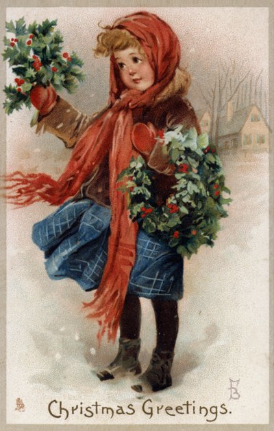 ヒイラギやクリスマスリースを売る少女（クロモリト 作： English School