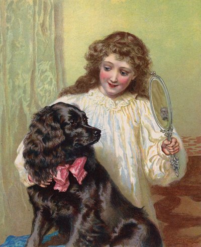 ペットの犬を鏡に映す女の子 (クロモリソ) 作： English School