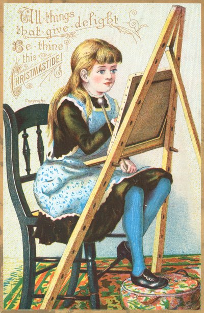 イーゼルの絵、クリスマスカードに座っている女の子 作： English School