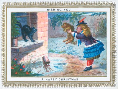 女の子と犬、クリスマスカードをからかう猫 作： English School