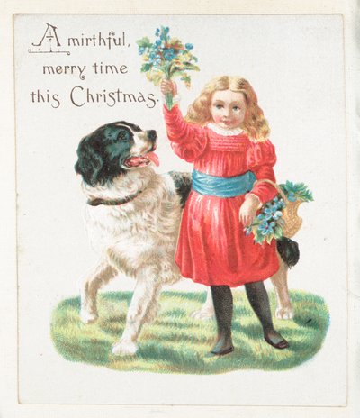 花、クリスマスカードを持つ少女からかい犬 作： English School