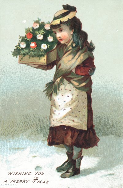 花、クリスマスカードの箱を運ぶ雪の中を歩く女の子 作： English School