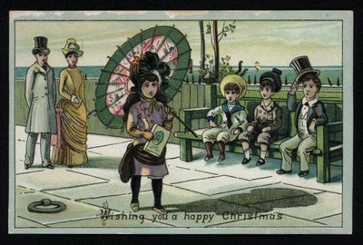 海辺のプロムナードを歩く大きなパラソルを持った少女、クリスマスのグリーティングカード。(クロモリト) 作： English School