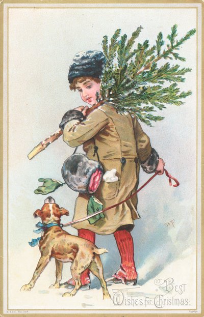 クリスマスツリー、クリスマスカードを運ぶ犬を持つ少女 作： English School