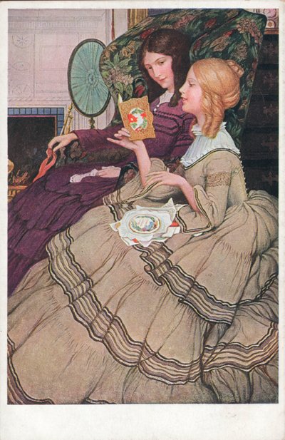 バレンタイン・カードを読む少女たち（カラーリトグラフ） 作： English School