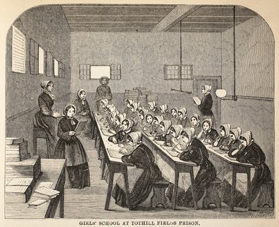 Tothill Fields Prisonの女子校、ロンドンの刑務所刑務所のイラスト、Henry MayhewとJohn Binnyによる刑務所の生活の情景。 1862 作： English School