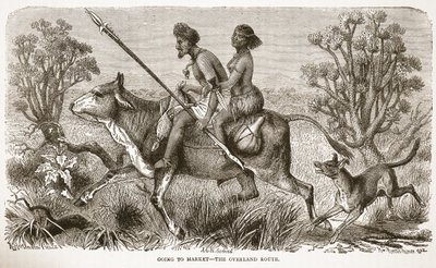 市場に行く-陸路、J。ユーイングリッチーのパブリッシュによる「The Pictorial Edition of the Life and Discoveries of David Livingstone」のイラスト。 A. Fullarton＆Co.、1876年 作： English School
