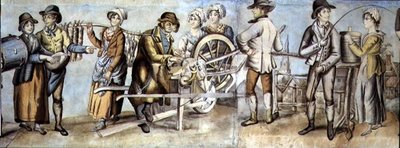 フェアに行く、ナイフグラインダーと商人と女性の詳細、c.1815（紙にガッシュを付けたトイレ）（107509および107510も参照） 作： English School