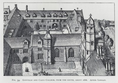 ゴンヴィル＆カイアス・カレッジ、南側から、1688年頃、ログガンの後（エングレーヴィング 作： English School