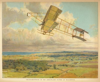 「リトル・ピープルズ・ブック・オブ・エアシップ」より、ブラックプールを飛行する飛行機に乗るグラハム・ホワイト 作： English School