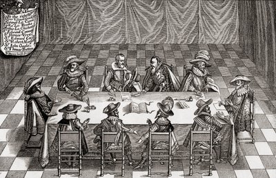 1893年に出版されたジェームズ1世の統治期間中のイギリスの評議会、JRグリーン著「イギリス人の短い歴史」より 作： English School
