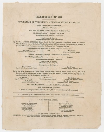 1851年の素晴らしい展覧会。1851年5月1日、ミュージカルパフォーマンスプログラム 作： English School
