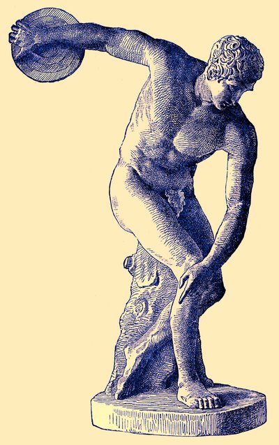 円盤投げをするギリシャのアスリート、Cassells Illustrated Universal Historyからのイラスト、エドワード・オリエ、1890年（デジタル強化画像） 作： English School
