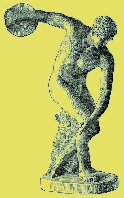 円盤投げをするギリシャのアスリート、Cassells Illustrated Universal Historyからのイラスト、エドワード・オリエ、1890年（デジタル強化画像） 作： English School
