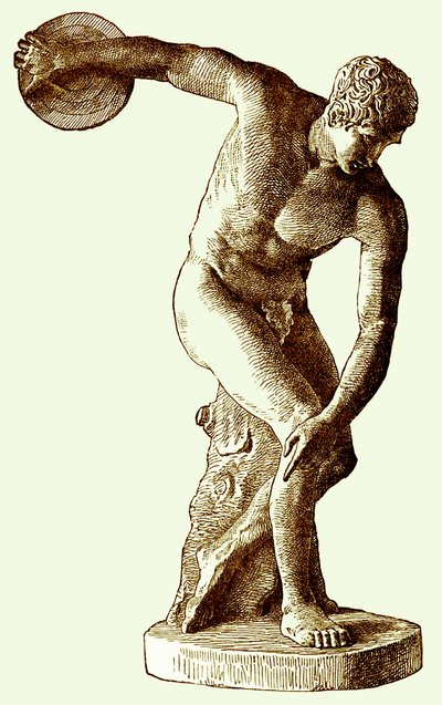 円盤投げをするギリシャのアスリート、Cassells Illustrated Universal Historyからのイラスト、エドワード・オリエ、1890年（デジタル強化画像） 作： English School