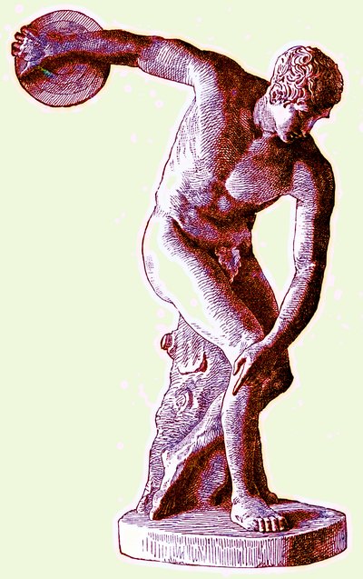 円盤投げをするギリシャのアスリート、Cassells Illustrated Universal Historyからのイラスト、エドワード・オリエ、1890年（デジタル強化画像） 作： English School