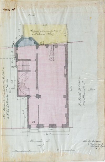 王立研究所のリースの基本計画、1863年（紙にペンとインクとトイレ） 作： English School