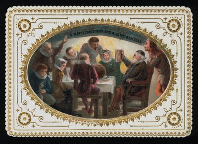 クリスマスに乾杯する16世紀の男女のグループ、クリスマス・グリーティング・カード（クロモリト 作： English School
