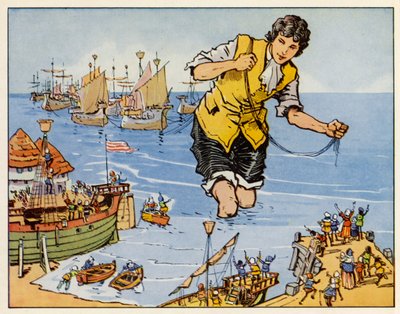 ガリバー旅行記：ブレフスクで艦隊を捕らえる（カラーリトグラフ） 作： English School