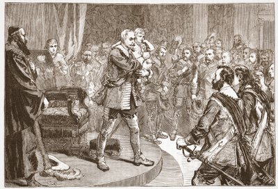 グスタフ・アドルフがアメリカを去る、イラストはジェームズ・エイトケン・ワイリー（1808-1890）による 『プロテスタンティズムの歴史』から出版。 1878 作： English School