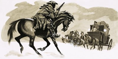 キャリッジを攻撃しようとしているハイウェイマン 作： English School