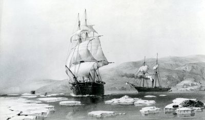 1854年、冬の宿舎から出てきたHMSアシスタンスとパイオニア（リトグラフ 作： English School