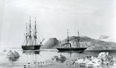 1853年、北ウェリントン海峡でジョン・ハロー・マウントを通過する先駆者のために船を出すHMSアシスタンス（リトグラフ 作： English School