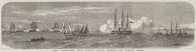 ロシアの賞品を持ってスウェーデン艦隊を通過するHMS「ドーントレス」（版画 作： English School