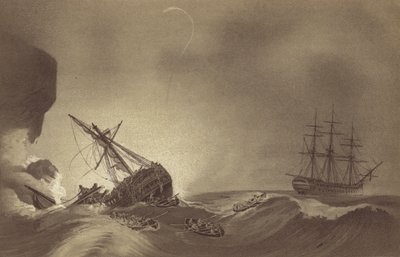 1804年11月24日、デヴォン州トーベイで難破したJ・ハンター船長指揮のHMSヴェネラブルの乗組員を救助するトーマス・バイアム・マーティン船長指揮のHMSインペテュウ（リトグラフ版）。 作： English School