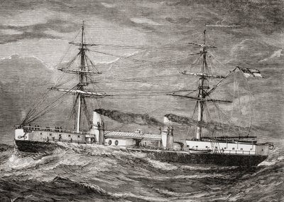 1885年の児童特別奉仕使節から出版された、英国王立海軍のHMS Inflexible、Invincible Class Battlecruiser、「Our Own Magazine」のイラスト 作： English School