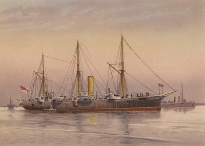 HMSモホーク、3等巡洋艦（カラーリトグラフ） 作： English School