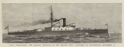 9月20日にポーツマスで進水した英国海軍最大の鉄甲船、HMS「トラファルガー」(刻印) 作： English School