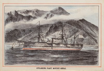 HMインドの軍艦：シナイ山を通過する蒸気船（カラーエングレーヴィング） 作： English School