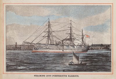 HMインディアンの軍艦：ポーツマス港に入港（カラー版画） 作： English School
