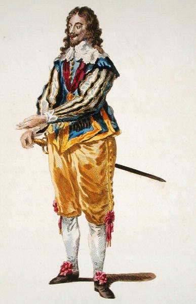 1630年のチャールズ1世(1600-49)の習慣(カラーエングレービング) 作： English School