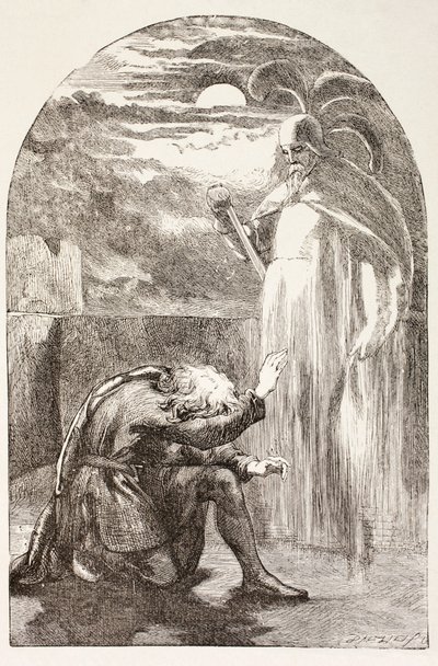 ハムレットは父親の精神である「イラストレイテッド・ライブラリー・シェイクスピア」からロンドンの1890年に出版されたゴーストを見る 作： English School