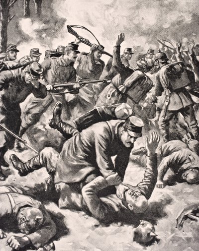 1916年にロンドンで出版された「The War Illustrated deLuxe」からのドイツと西洋の兵士間の戦い 作： English School