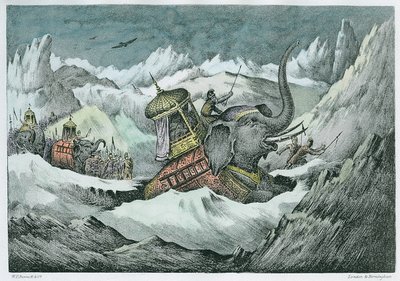 ハンニバル（紀元前247-c.183）とアルプスを横断する彼の戦争の象（後の着色） 作： English School