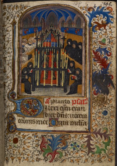 ハーレー 1251、fol.148 「エレノア・ウースターの時間」からのベッドフォード公ジョンの腕で覆われた棺の葬儀、c.1430-40 (ベラム) 作： English School