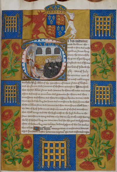 ハーレー 1498 年、f.1 ヘンリー 7 世がウェストミンスター寺院の修道院長であるジョン・アイスリップに年季奉納を提示、ウェストミンスター寺院の年季奉納 (ベラム) 作： English School