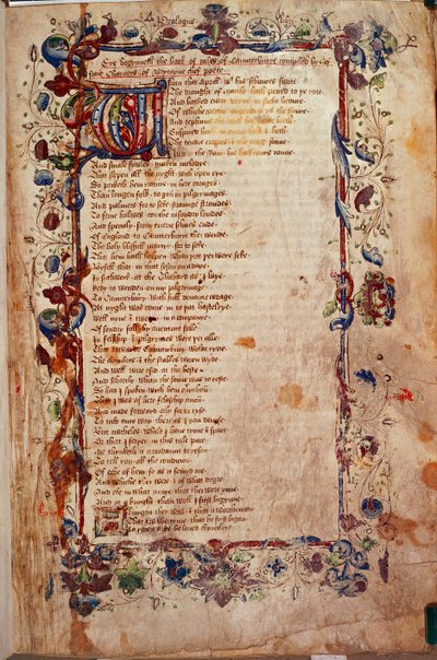 Harley 1758、fol.1、The Prologue、Geoffrey Chaucer 著「The Canterbury Tales」から、c.1450-60 (ベラム) 作： English School