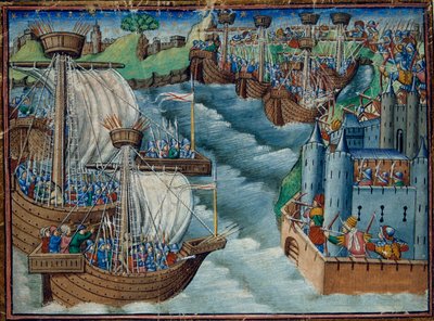 ハーレー 326、f.29v キリスト教徒の艦隊が、1500 年頃の「三人の王の息子」より、トルコ人が保有するイタリアのガエータ港を攻撃する (ベラム) 作： English School