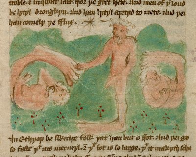 ハーレー 3954、f.31、エチオピアの神話上の人々を描いた色付きの図、片足 (鉤足類) だけで生まれ、太陽から日陰を作った、「ジョン マンデビル卿の旅」より (羊皮紙) 作： English School
