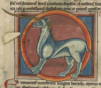 ハーレー 4751、f.15 大きな角を持つモノケロス、「Bestiary」より 作： English School